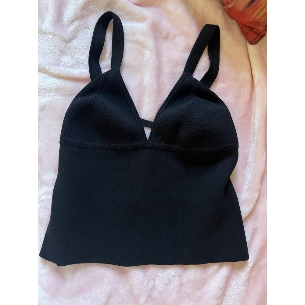 Free People Womens Black Ribbed Knit V-Neck Cami Crop Top Size Medium